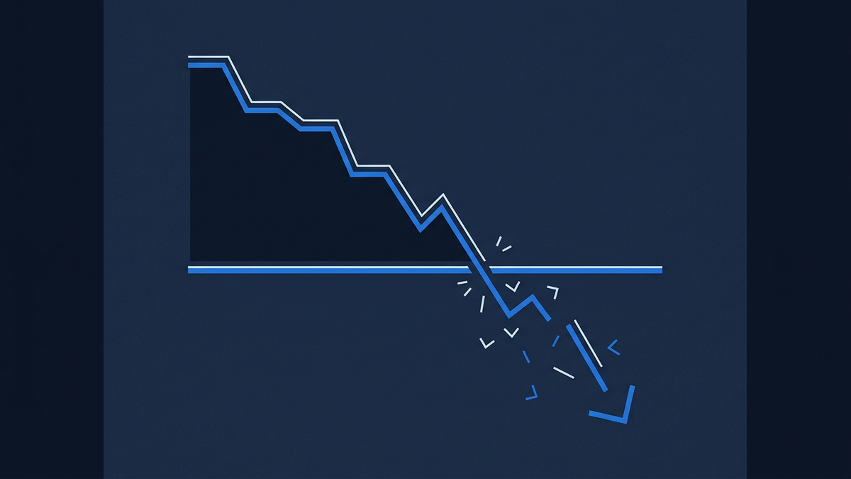 A descending price line breaking cleanly through a horizontal support level, with scattered downward tick marks beneath the breach