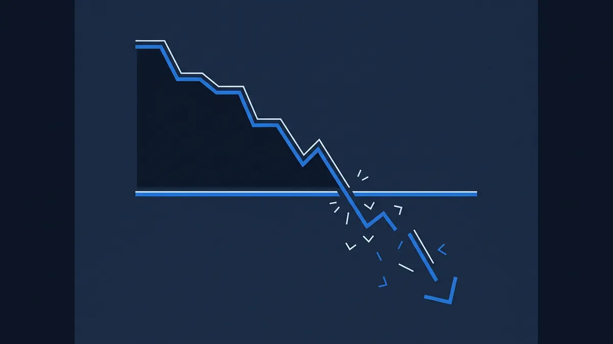 A stylised descending line chart in blue and white on a dark navy background, showing a stepped decline that crashes through a horizontal baseline and shatters into scattered arrow fragments pointing downward.