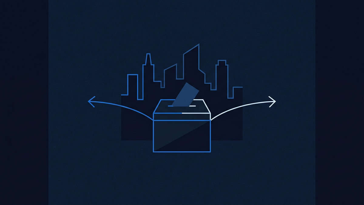 A schematic ballot box at the centre of a stylised city skyline, two diverging arrows curving away from it into opposite halves of the frame