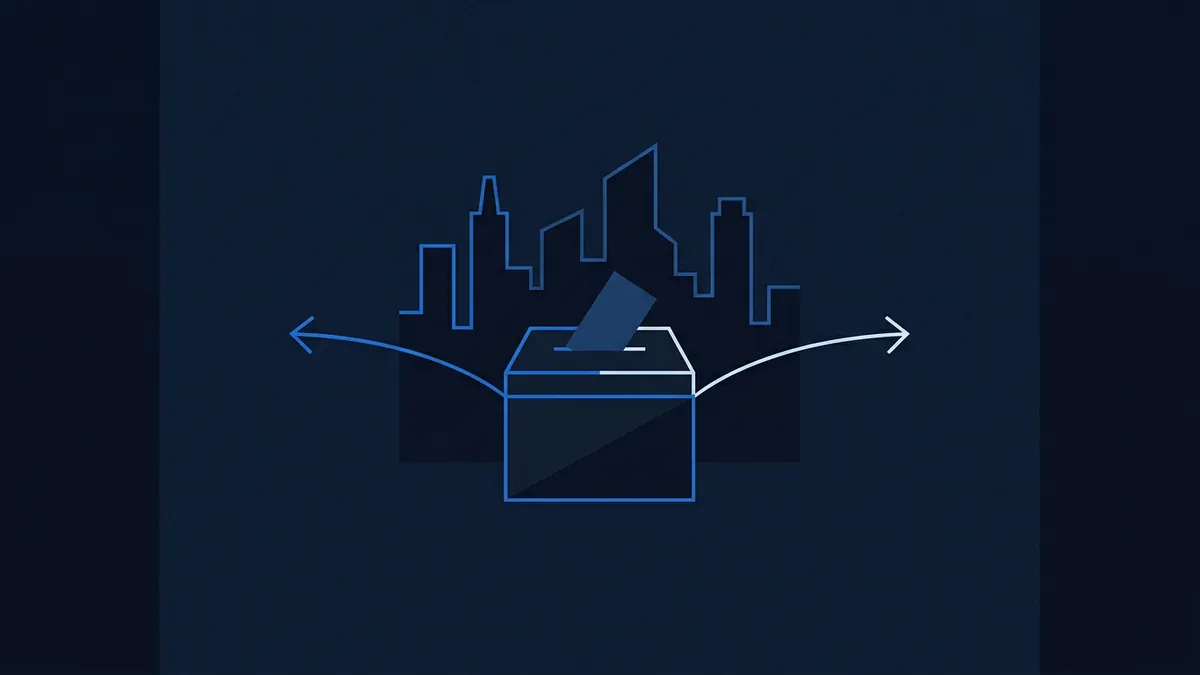 A ballot box with a card being inserted sits in front of a blue outline city skyline, with two curved arrows pointing left and right, all on a deep navy background.