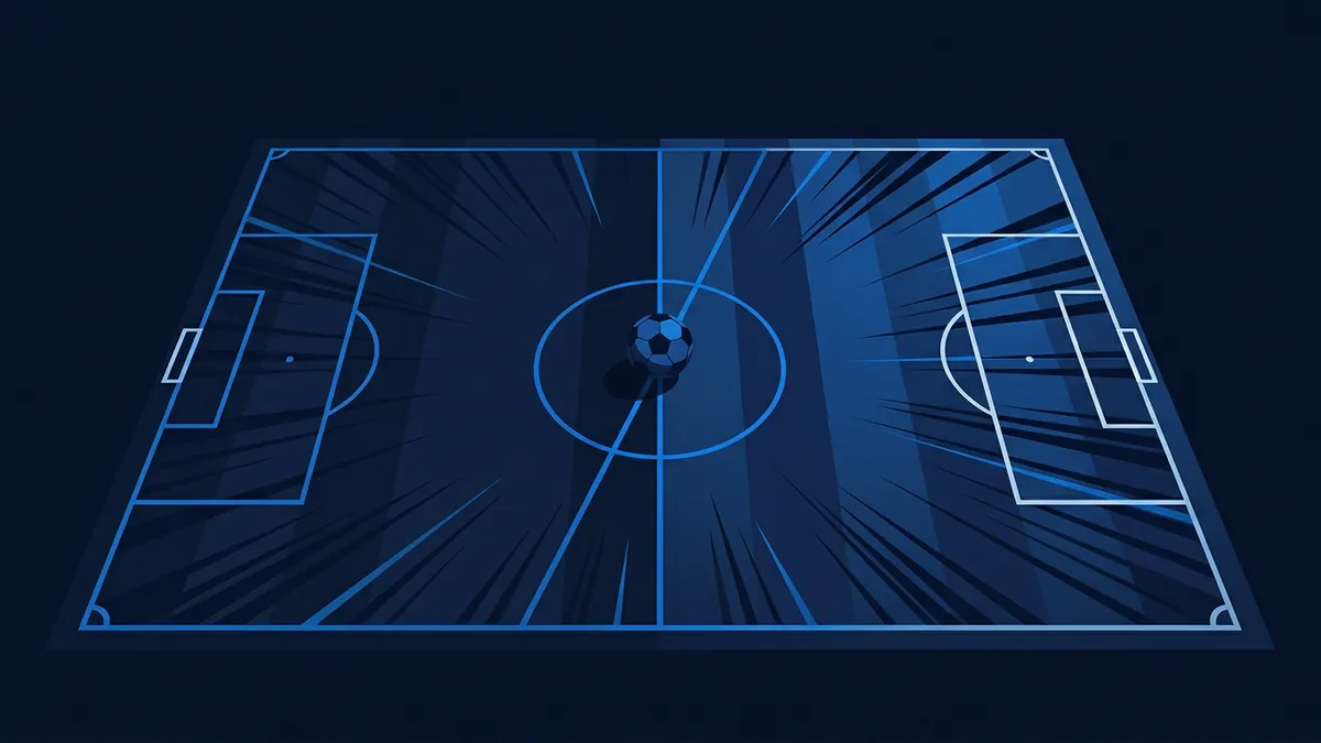 A stylised top-down perspective of a football pitch rendered in deep navy and electric blue, with white line markings, goal areas on each side, and a single soccer ball placed at the centre circle, surrounded by radiating speed lines.