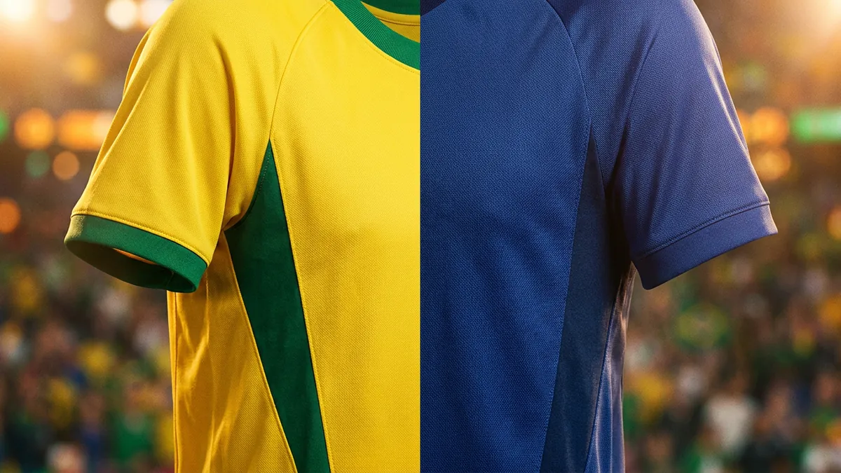 A split composition showing two football jerseys side by side, one yellow with green trim on the left and one blue on the right, set against a blurred stadium crowd with warm floodlights.