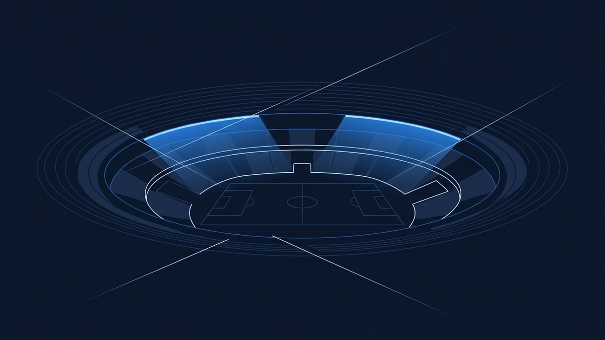 An abstract editorial composition in deep navy and electric blue: a vast arena bowl suggested as concentric tiers with a cool floodlight glow and diagonal tension lines, evoking a contest finely balanced on a knife edge.