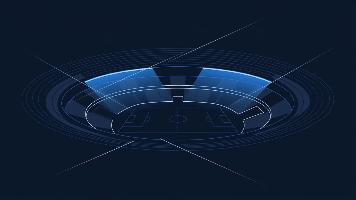 A glowing blue wireframe football stadium rendered from above in isometric perspective, surrounded by concentric circular rings on a deep navy background, with diagonal light beams crossing the composition.