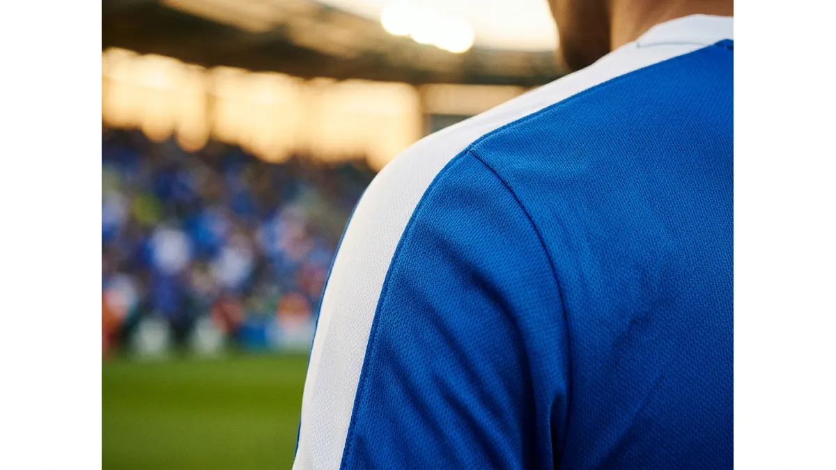 Close-up of the back shoulder of a person wearing a blue and white sports jersey, standing in a sunlit stadium with a blurred green pitch and crowd visible in the background.