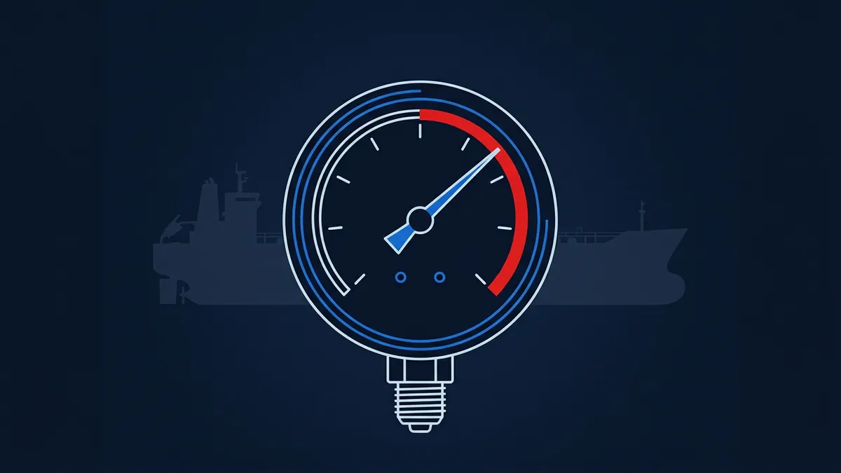 A stylised pressure gauge with a blue needle pointing toward the red zone, set against a faint silhouette of a cargo tanker ship, on a deep navy background.