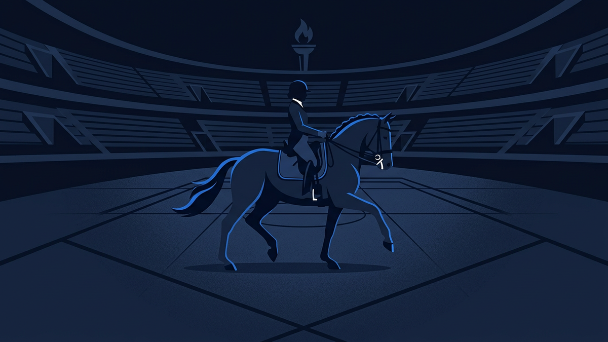 Abstract editorial illustration of a dressage horse and rider mid-piaffe against an empty stadium bowl, an Olympic torch silhouette in the far distance