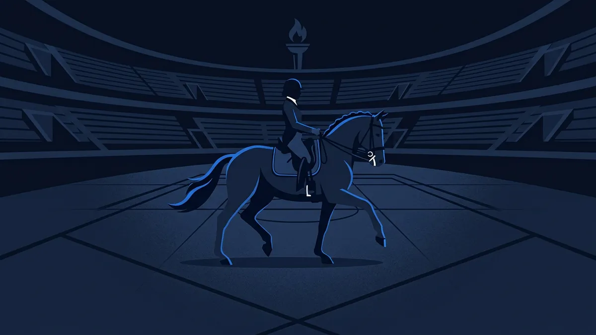 A stylised dark-navy illustration of a dressage horse and rider performing a collected trot inside a large stadium arena, with an Olympic torch glowing at the top centre and blue accent lines defining the horse and tack.