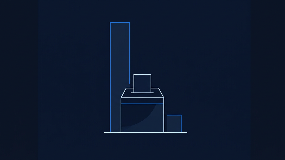 A stylised parliamentary ballot box centred in deep navy space, with a single sharp upward arc behind it suggesting a one-sided contest.