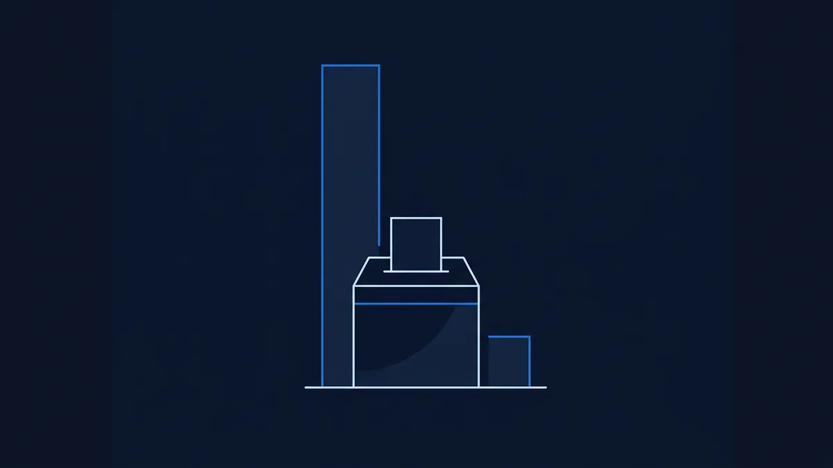 A minimalist line-art ballot box with a paper being inserted into its slot, set against a deep navy background with blue geometric outlines and a tall vertical bar suggesting a bar chart.