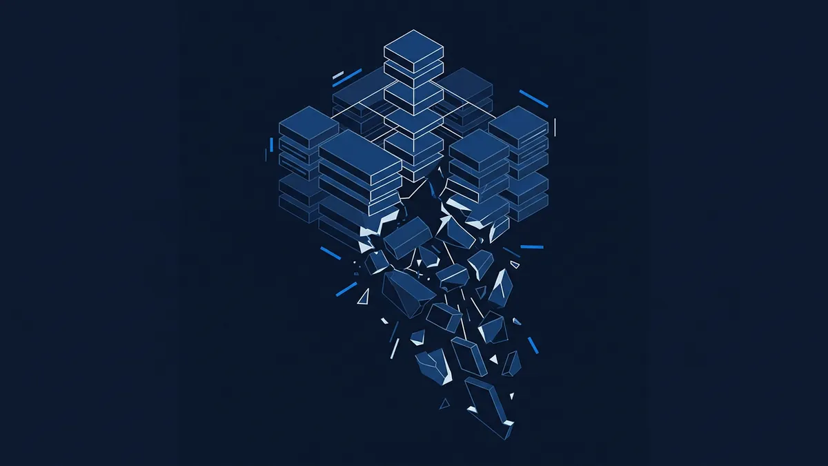 Stacked blue isometric cubes and rectangular blocks fragment and scatter downward against a dark navy background, suggesting a structure breaking apart in a digital or data-driven concept.