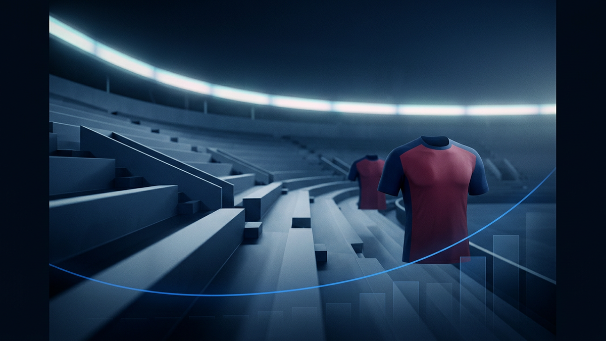 An abstract navy stadium bowl under cool floodlights, a thin electric-blue market data arc sweeping across the lower frame.