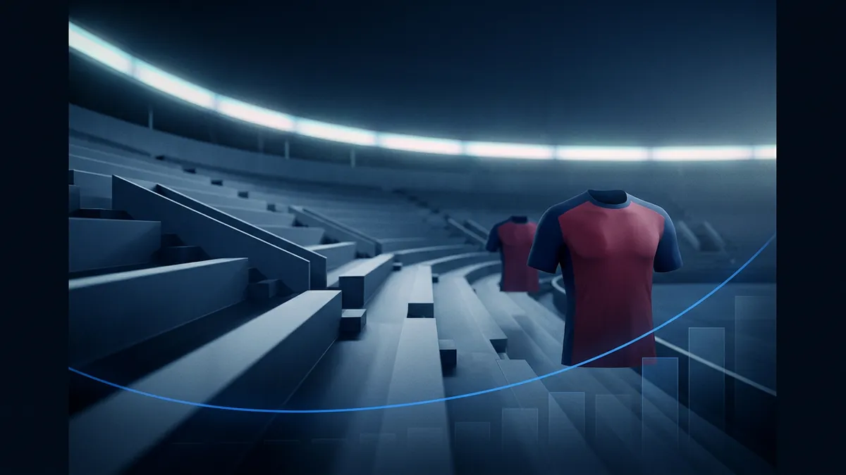 Two red and navy football shirts float in a darkened stadium bowl under cool floodlights, with a rising blue data arc and translucent bar chart overlaid on the lower right.