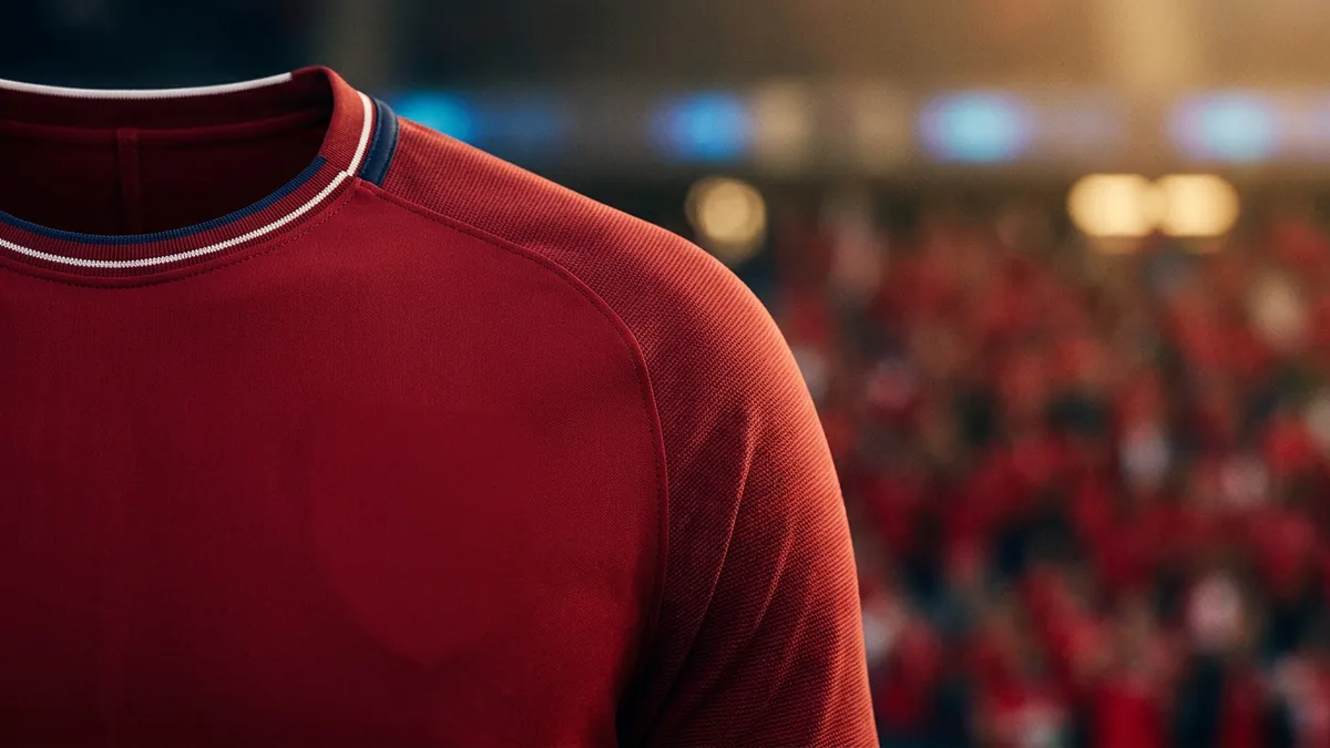 Close-up of a plain deep red crew-neck sports jersey with navy and white collar trim, set against a blurred stadium crowd rendered as a warm red colour-field.