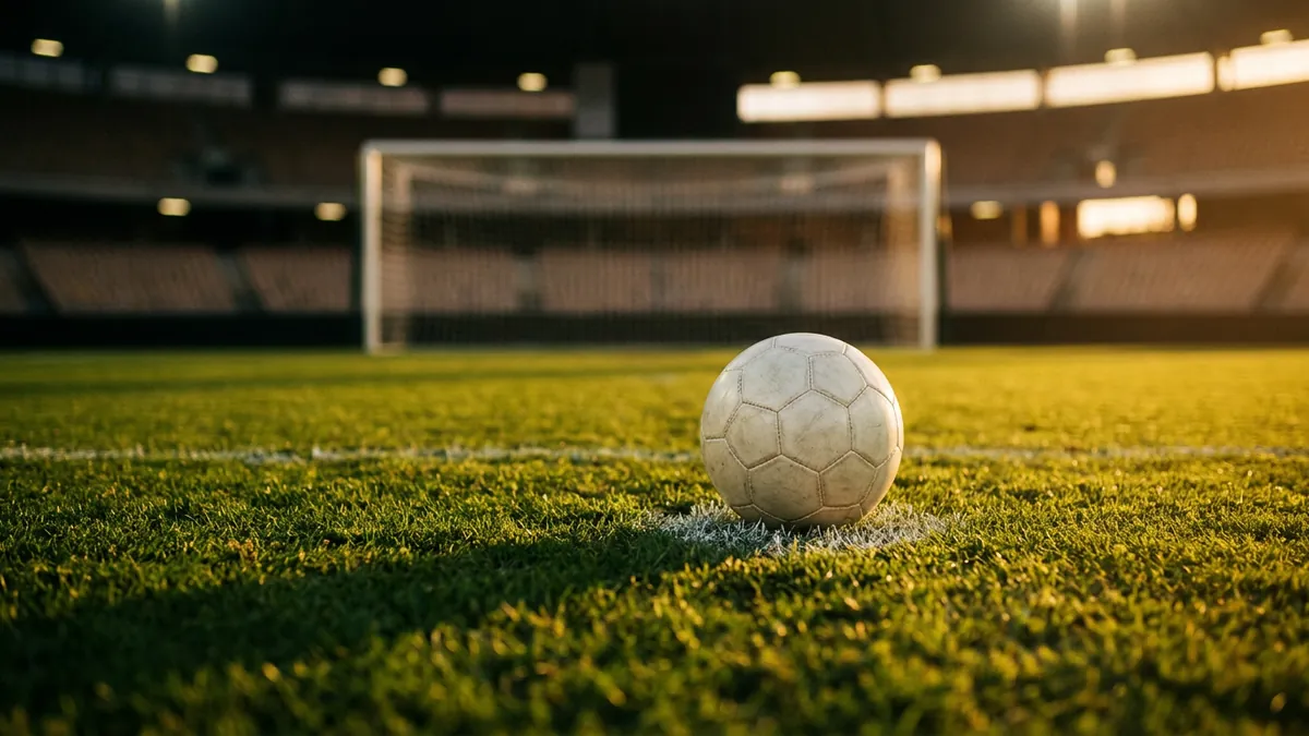 A worn white football rests on a white pitch marking inside an empty stadium, with a goal net blurred in the background and warm golden floodlight washing over the green turf.