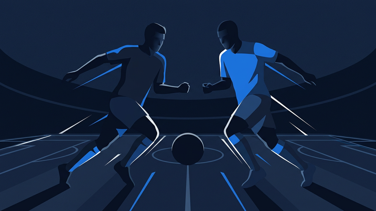 A stylised football pitch viewed from a low angle with two opposing team-coloured silhouettes converging on a central ball, negative space around the edges