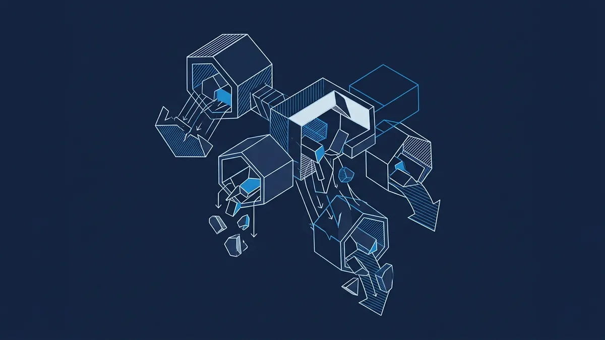 Abstract blueprint-style illustration of geometric cube shapes and arrows arranged into a dynamic robot-like figure on a dark navy background, rendered in white and blue line art.