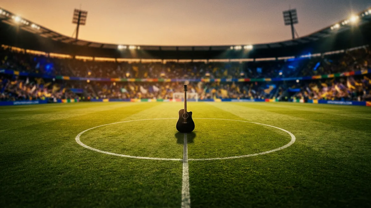 An acoustic guitar stands upright at the centre circle of a floodlit football stadium at dusk, surrounded by a blurred crowd in yellow and blue, under a warm orange sky.