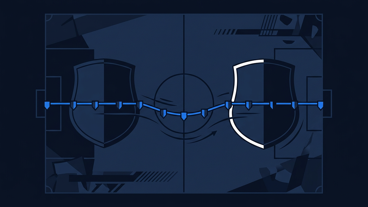 A flat editorial illustration of two football crests facing each other across an empty pitch, a defensive line motif running between them