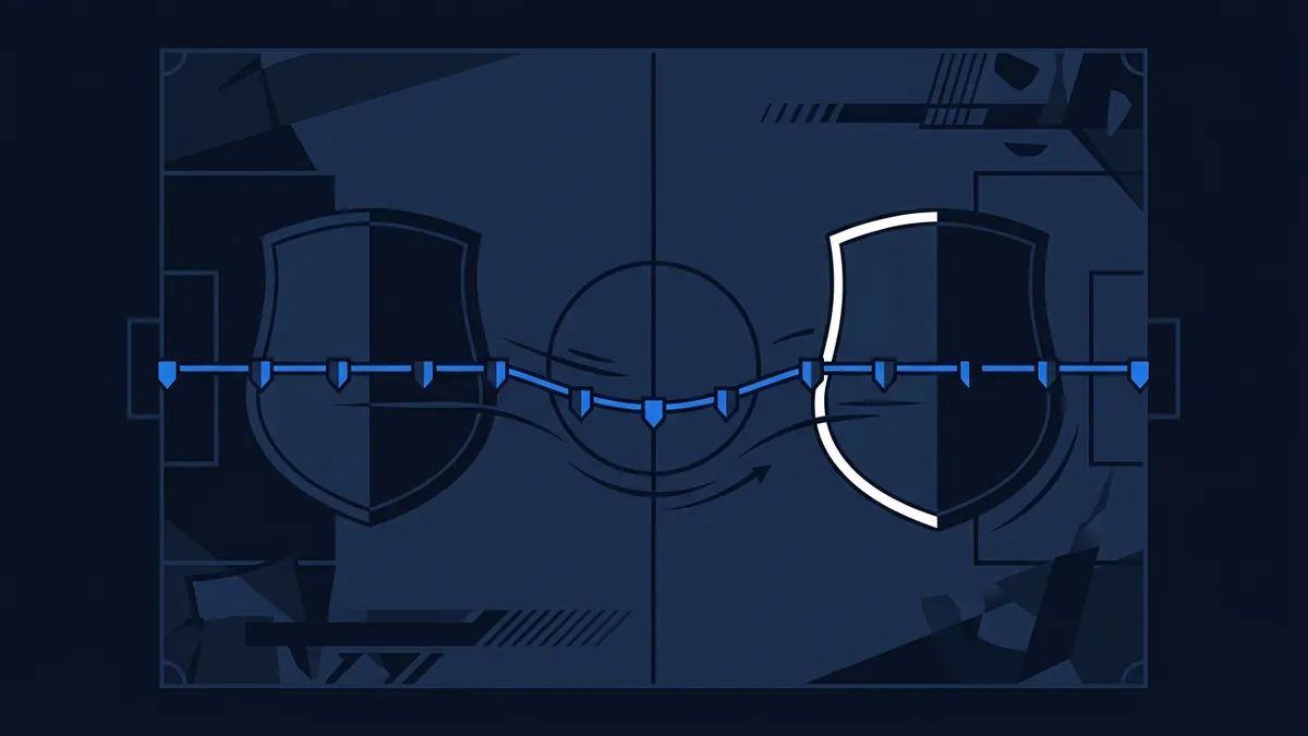 A dark navy abstract football pitch diagram viewed from above, with two stylised shield emblems flanking a central circle, a blue dashed defensive line running horizontally across the pitch, and a partial white arc on the right side.