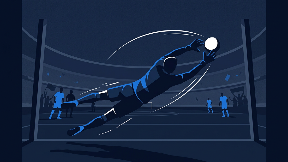 A goalkeeper figure stretched flat across the centre of the frame, palms meeting an arcing ball, an empty stadium bowl curving behind