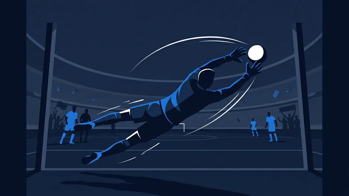 A stylised blue goalkeeper dives horizontally to catch a glowing white ball inside a goal frame, with silhouetted players and a stadium crowd visible in the dark navy background.