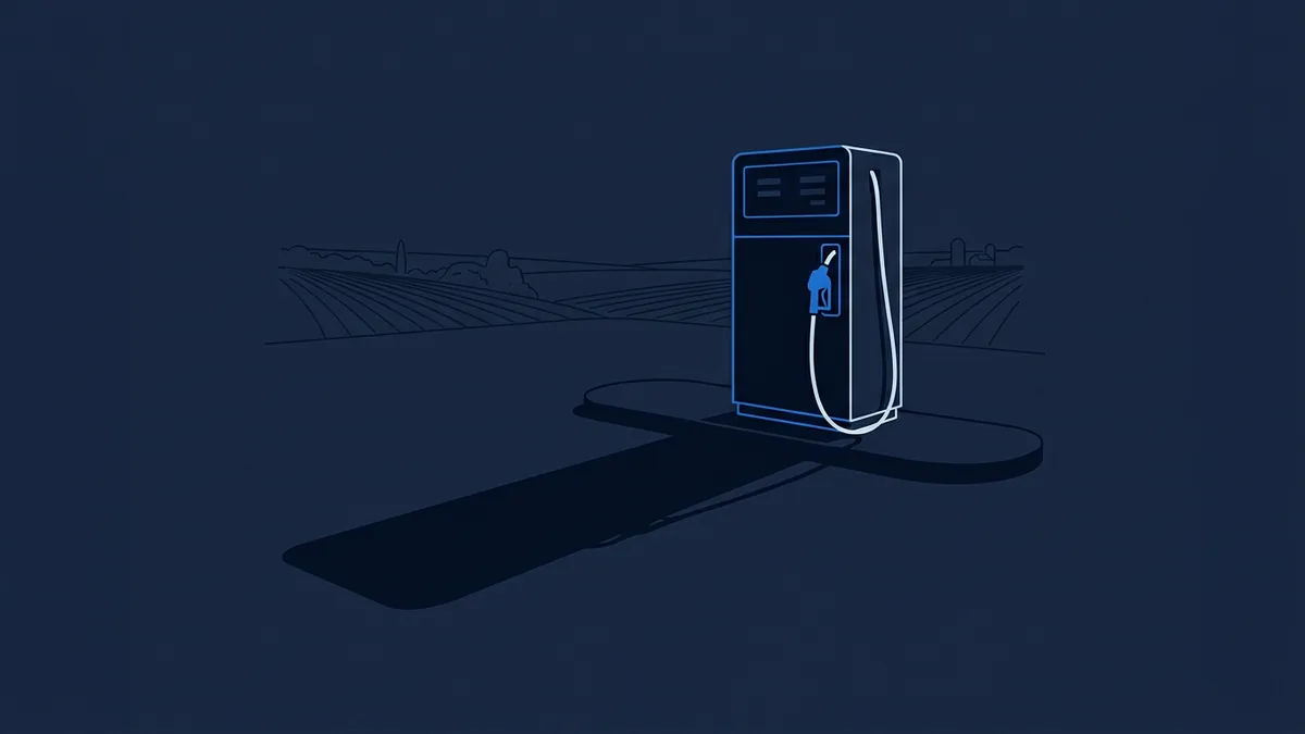 A stylised blue line-art fuel pump stands alone on a dark navy background, casting a long shadow, with a sketched rural landscape of fields and trees behind it.
