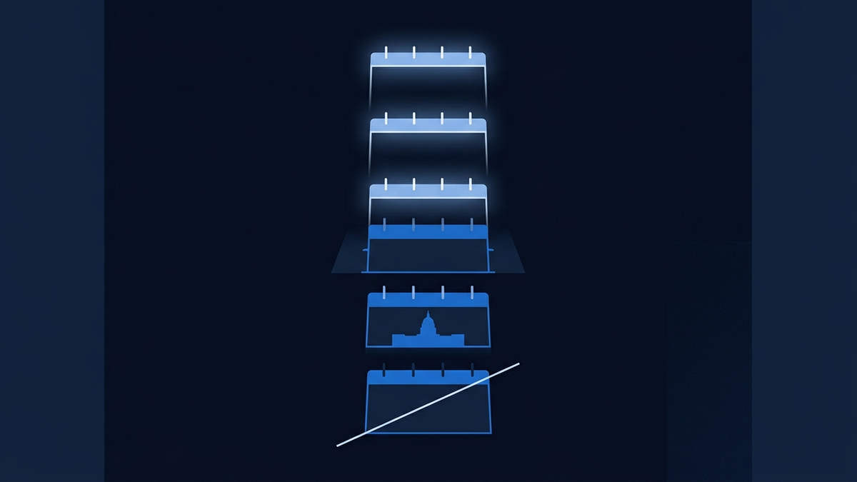 Schematic of a calendar ladder with one earlier rung struck through and later rungs glowing as the focal point of attention.