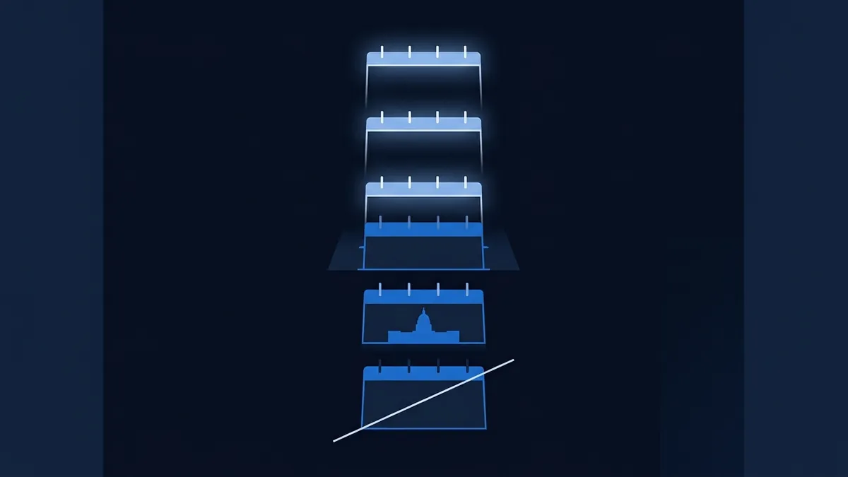 A stack of stylised flip-calendar icons arranged in perspective on a dark navy background, with upper calendars glowing pale blue, a middle one highlighted in solid blue showing a Capitol building silhouette, and a lower one overlaid with a rising diagonal white line suggesting a trend chart.