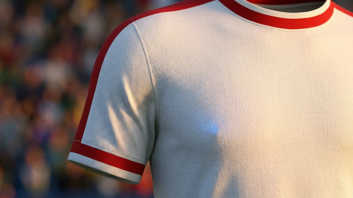 Close-up of a white short-sleeve football jersey with red collar and sleeve cuff trim, shown from chest to shoulder against a blurred colourful stadium crowd, lit with warm golden light.