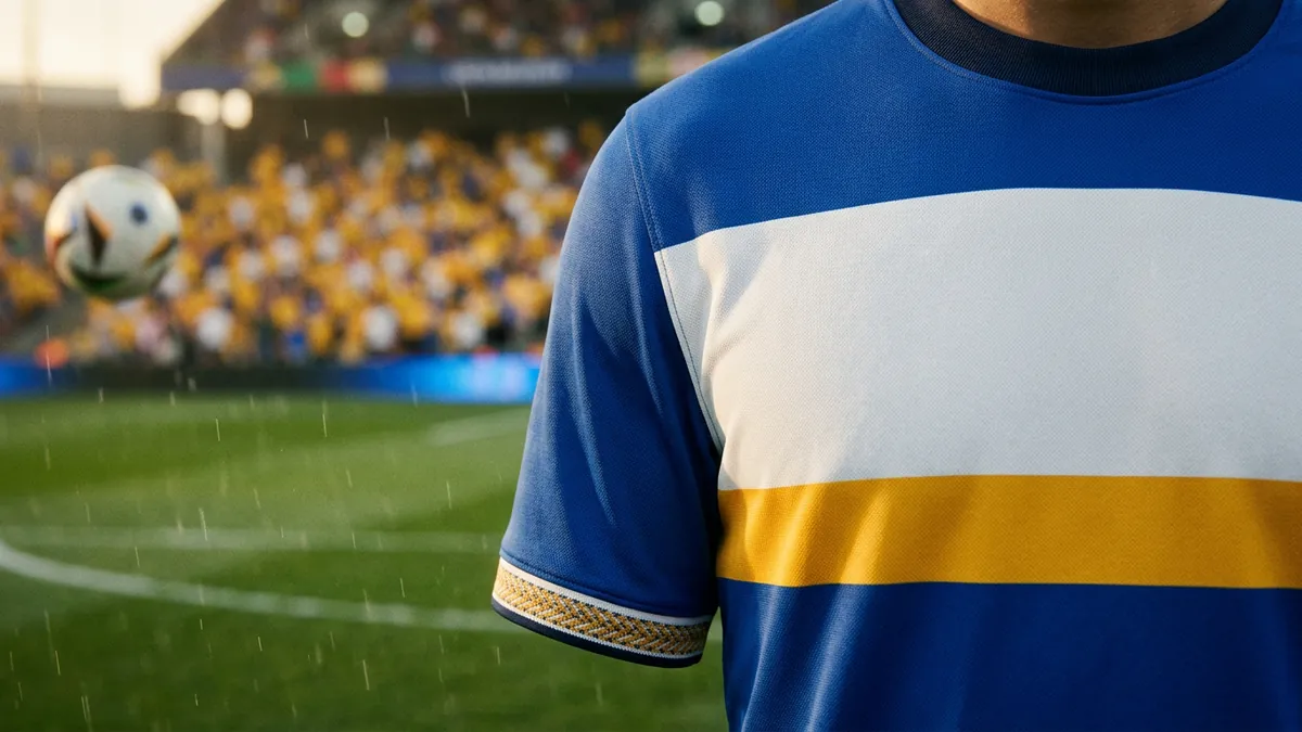 A footballer's torso in a blue, white, and gold hooped jersey stands on a rain-soaked pitch, with a football in the air and a blurred yellow-clad crowd filling the stadium behind.