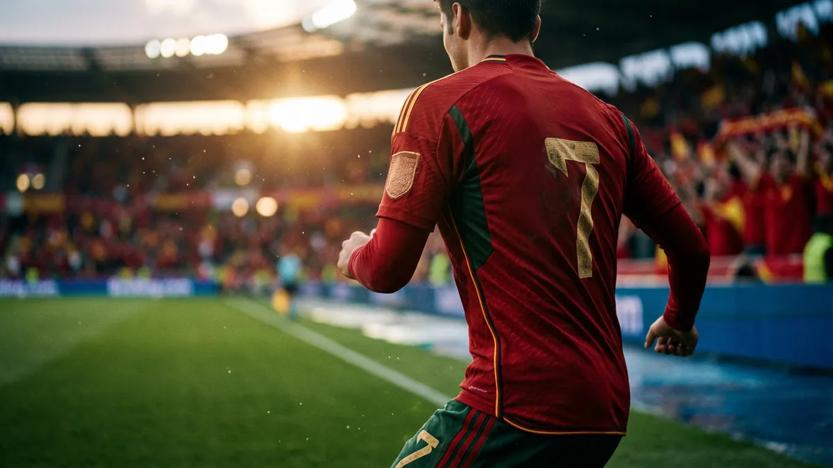 A football player wearing a red and green number 7 jersey runs toward a packed stadium crowd bathed in warm golden sunset light, seen from behind at pitch level.