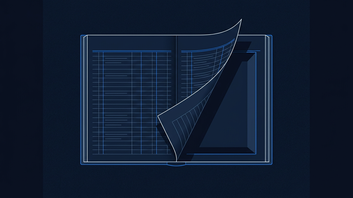 A stylised ledger book lying open with shadowed pages, one corner curling upward to reveal a hidden compartment beneath, the disclosure as focal point