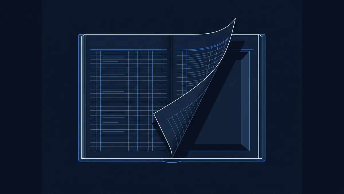 An open ledger book rendered in a blueprint style with navy and blue tones, showing grid-ruled pages with faint horizontal lines, one page curling upward from the right side.