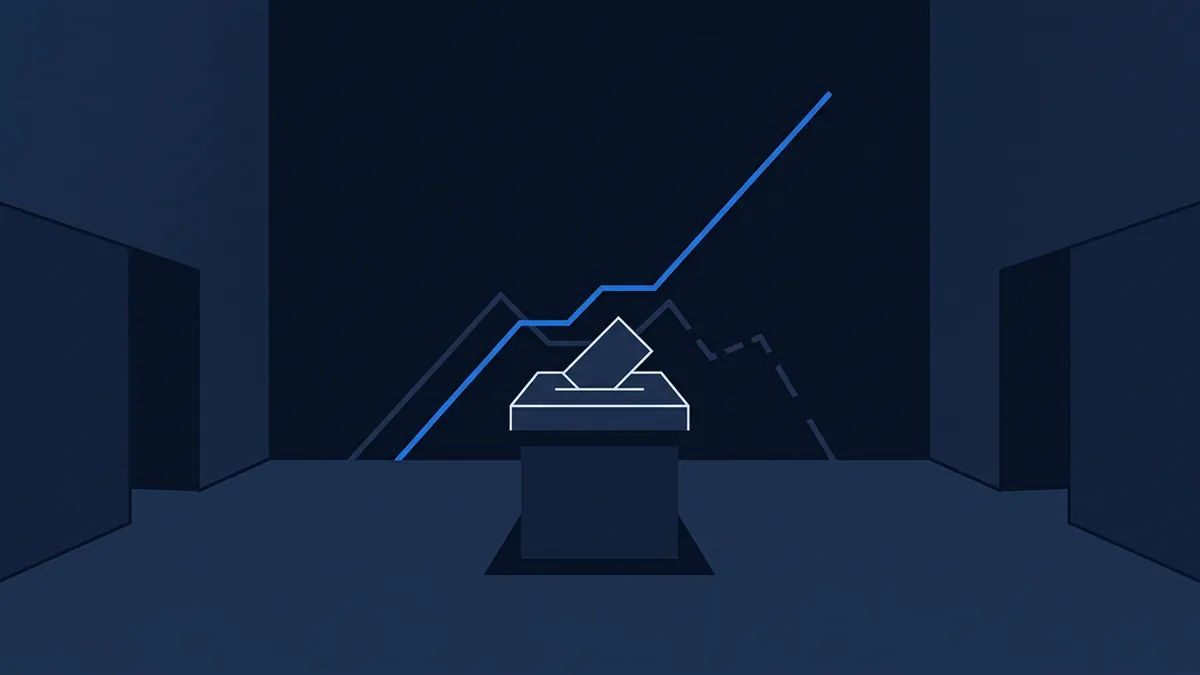 A flat editorial illustration of a single ballot box at the centre of a wide empty hall, with two diverging vote-tally lines rising at very different angles behind it