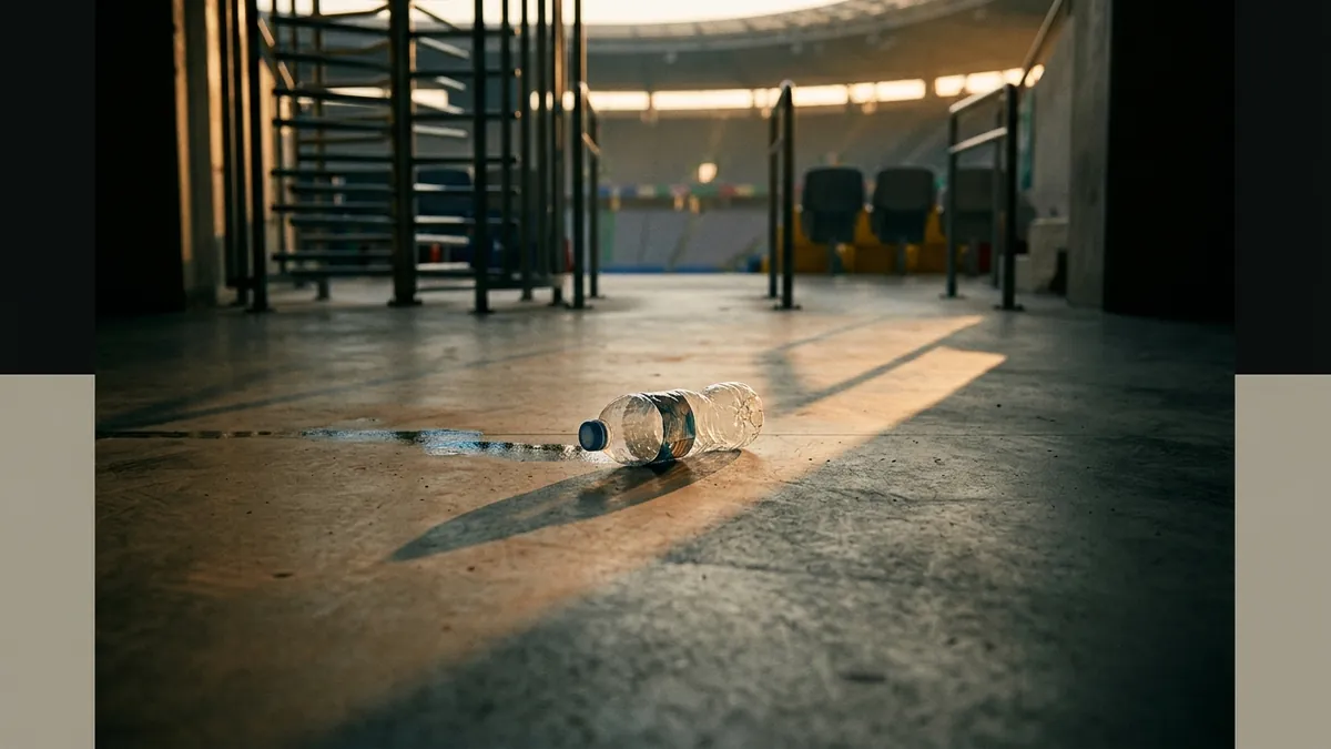 Two clear plastic water bottles lying on a concrete floor inside a stadium entrance tunnel, spilling water, with warm golden light casting long shadows toward distant seating and turnstiles.