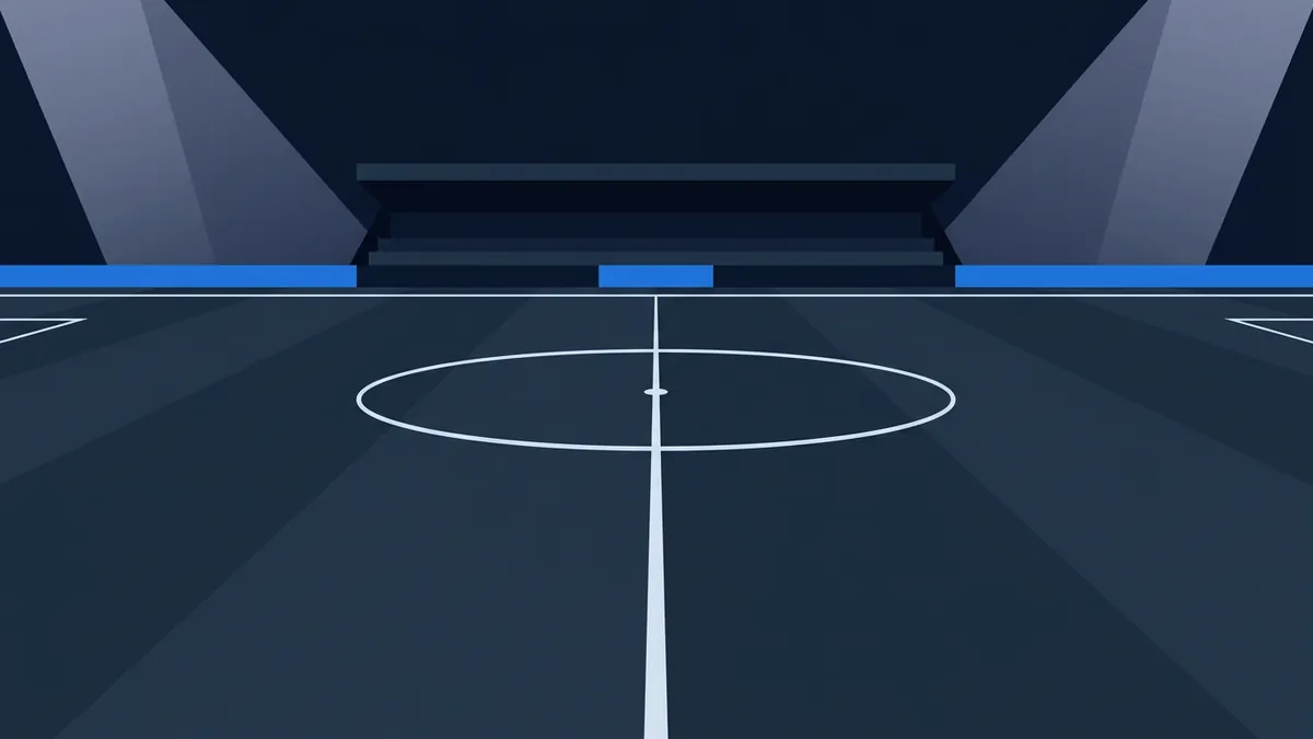 A stylised flat-design indoor football court viewed from pitch level at the centre circle, with white line markings on a dark navy floor, blue hoardings, tiered seating, and diagonal spotlight beams against a deep blue background.
