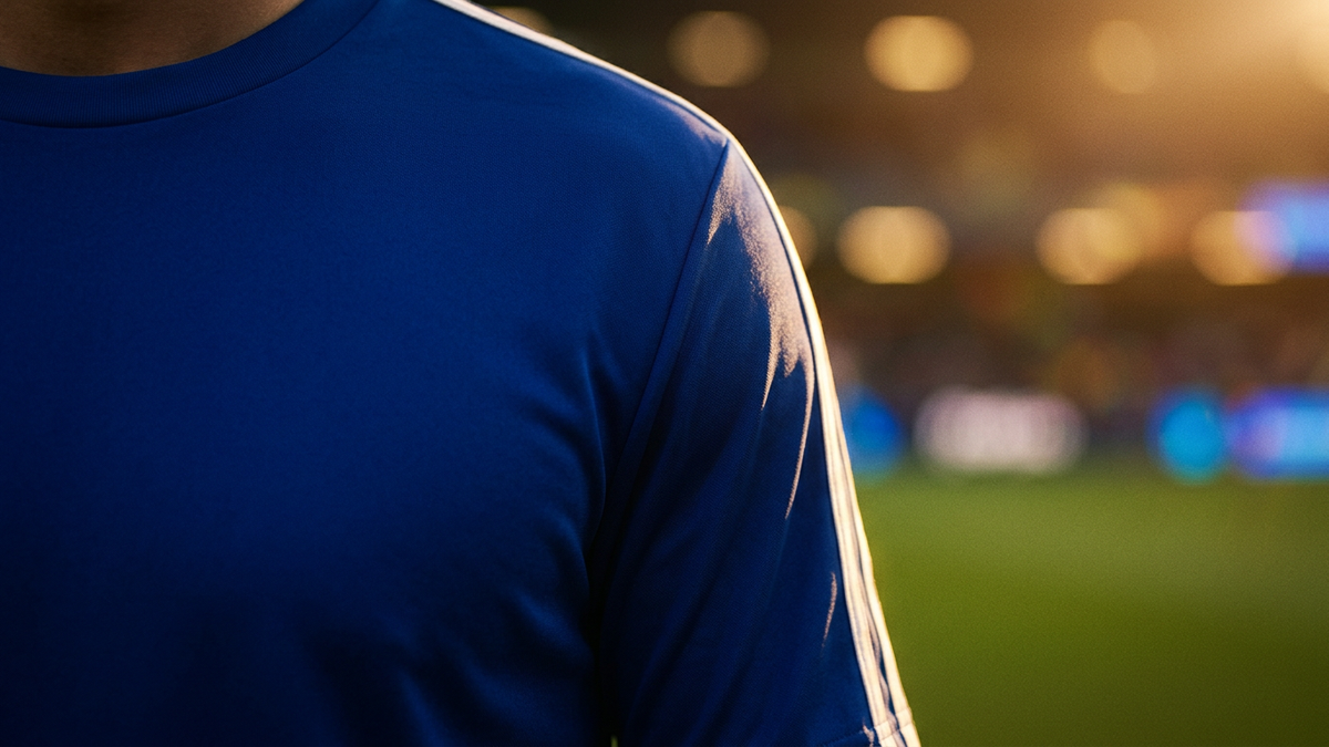 Close-up of a deep blue football jersey under floodlight, smooth fabric panel across the chest with subtle sleeve stripe, shallow depth of field
