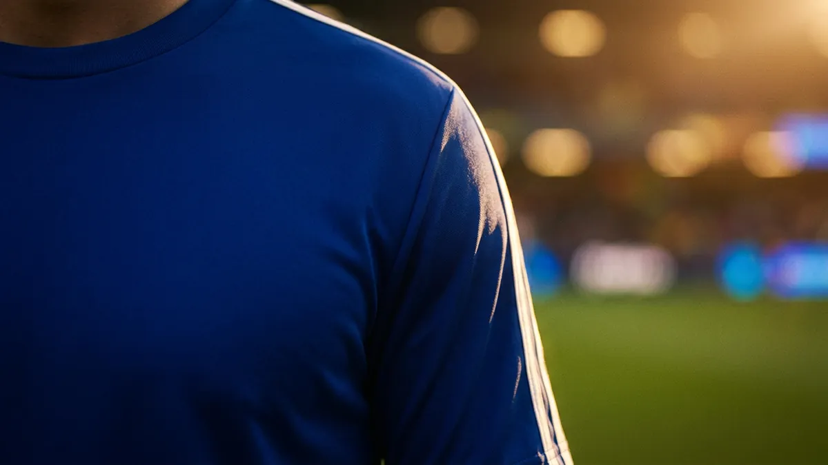 Close-up of a person wearing a royal blue sports jersey with white sleeve stripes, shot from the chest up against a blurred floodlit stadium and green pitch in warm golden light.