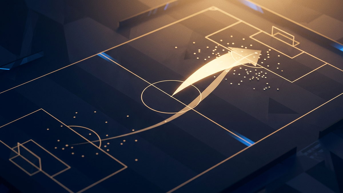 A stylised oblique football pitch in warm tournament tones, with a luminous favourite trajectory sweeping toward goal and scattered data-point markers clustered in the attacking third.