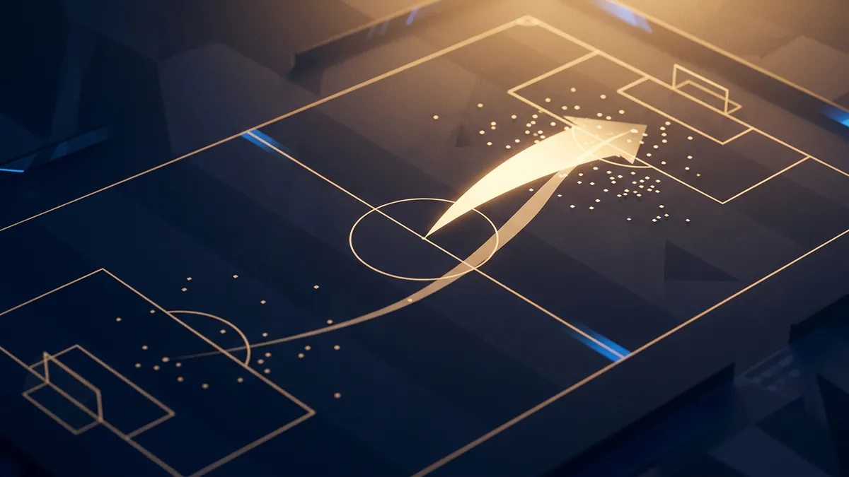 A dark navy 3D football pitch viewed at an oblique angle, with golden line markings, a glowing arrow sweeping from the centre circle toward the upper goal, and scattered dot clusters suggesting data points, lit by warm amber light.