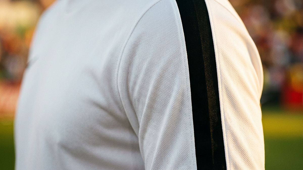Extreme close-up of a white football jersey with a plain unbroken chest panel and a single black sleeve stripe under warm floodlight