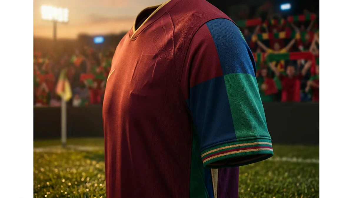 Close-up of a football shirt torso on a stadium pitch at dusk, the jersey dark red with a multicoloured sleeve in blue, green and striped cuff, a blurred cheering crowd behind.