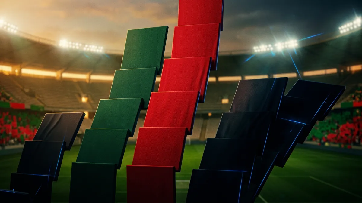 Three stacked columns of tilted rectangular panels in deep green, vivid red, and dark navy rise and fall in a zigzag pattern on a floodlit football pitch at dusk, with a crowd abstracted into red and green colour fields in the stands behind.