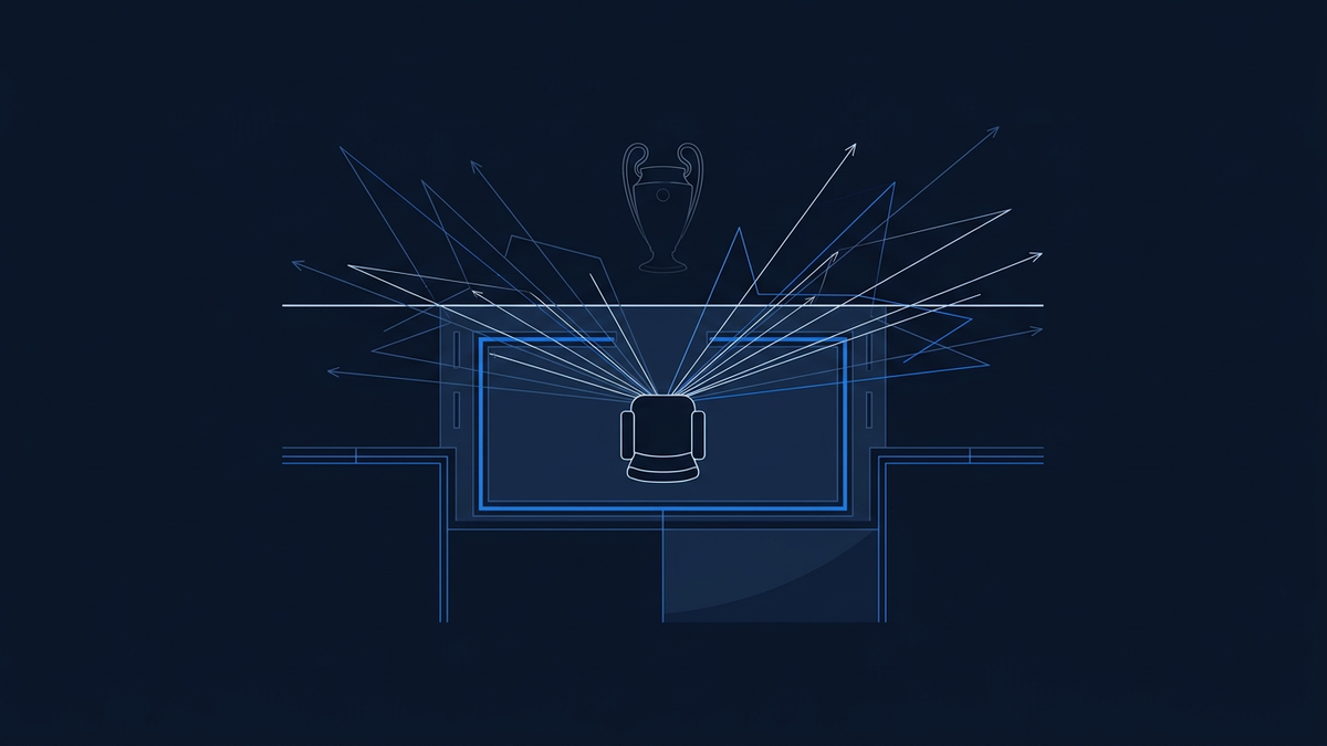 A solitary manager's silhouette dugout shape positioned centre-frame, with a horizontal trophy-shaped negative space hovering above it, lines of probability tension pulling outward