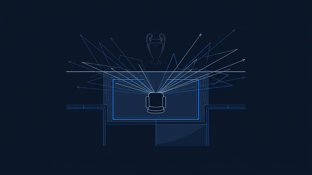 Blueprint-style diagram on a dark navy background showing a panoramic camera mounted at the centre of a football pitch perimeter, with radiating white and blue lines fanning outward, and a UEFA Champions League trophy outline above.