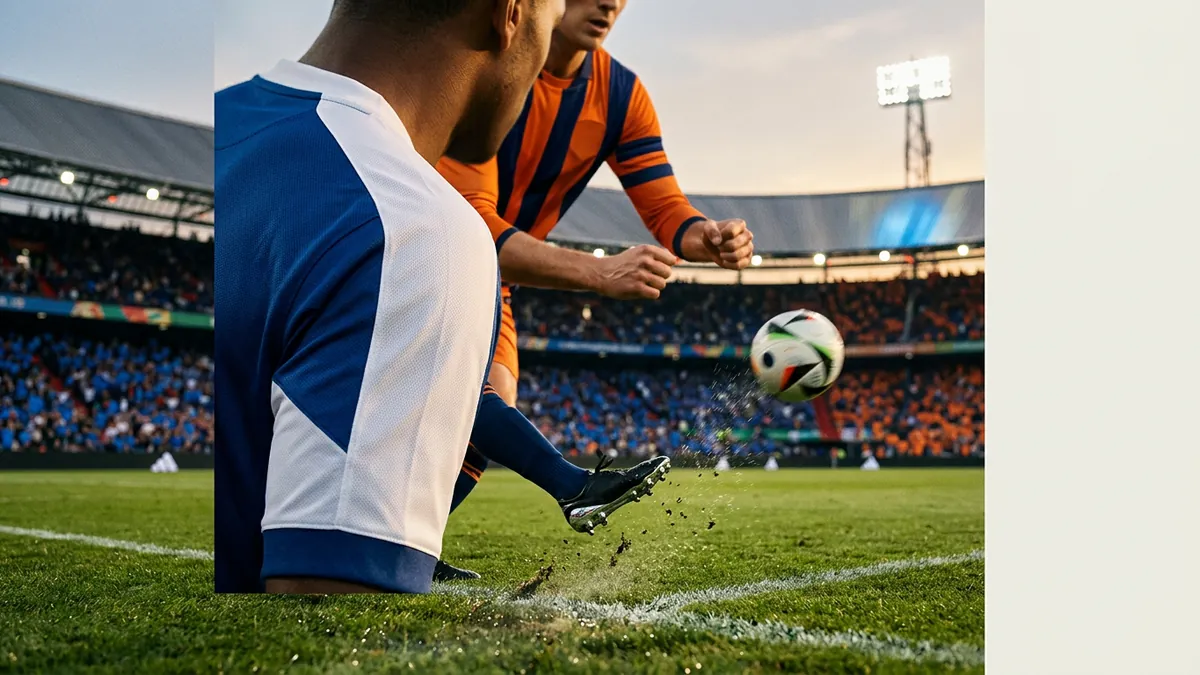 Two soccer players compete on a grass pitch inside a packed stadium, one in a blue and white kit kicking the ball while another in orange reaches in, dirt flying from the turf.