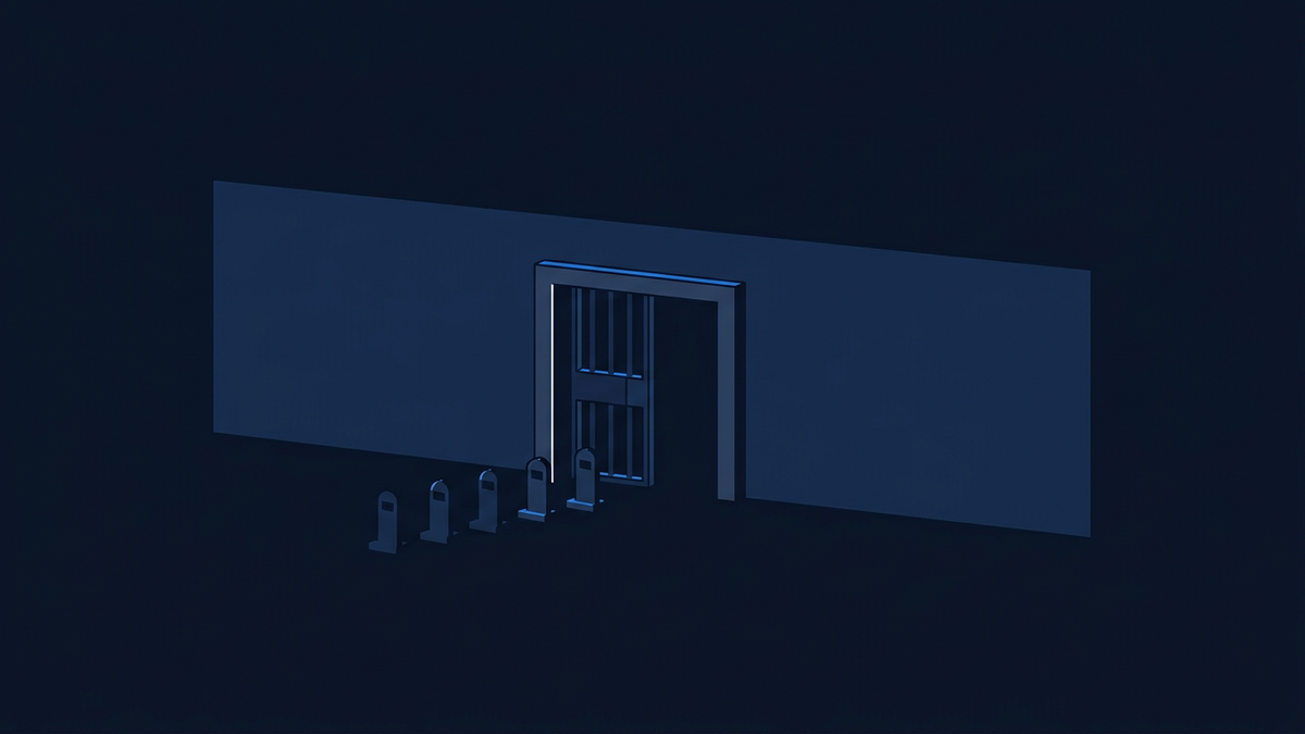 A flat editorial illustration of a single gated doorway in a long wall, a small queue waiting outside, the space beyond it empty