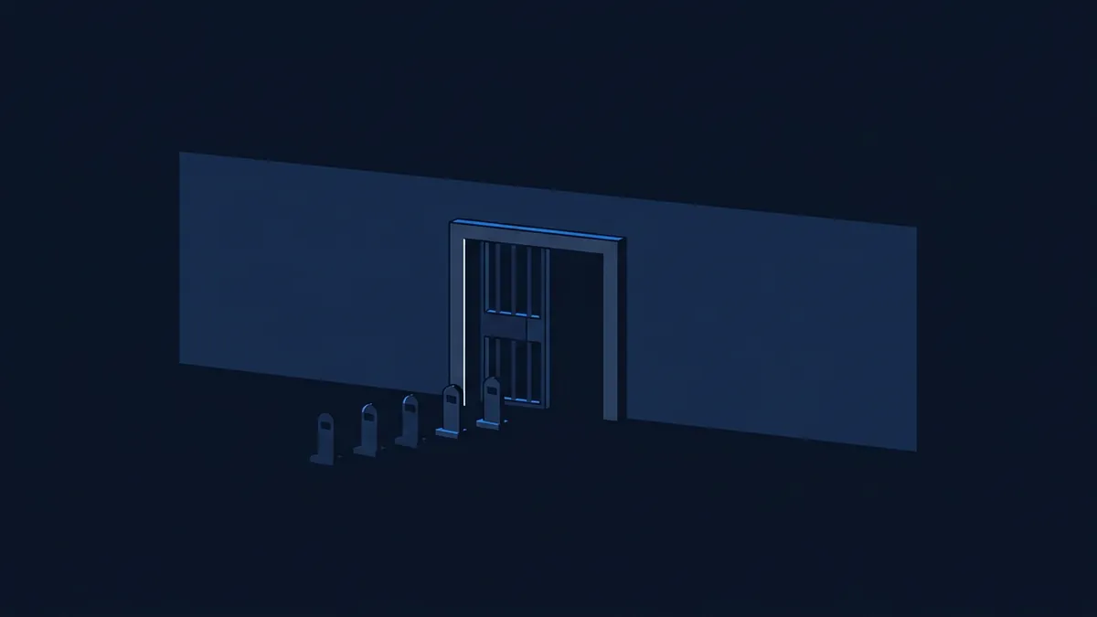 A dark navy 3D render of a long wall with a barred prison-style gate at its centre, flanked by a row of small bollards on the left, set against a near-black background.