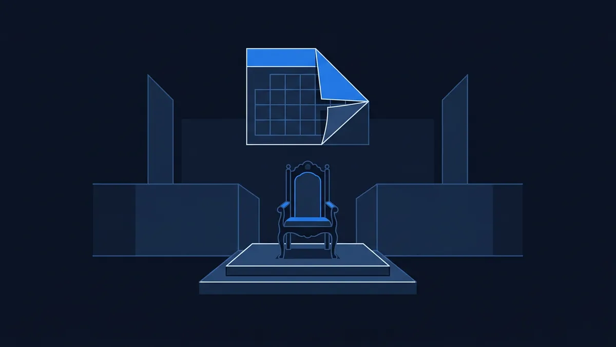 An ornate throne sits empty on a raised platform inside a dark navy geometric room, with a blue calendar icon floating above it, rendered in a flat stylised illustration style.